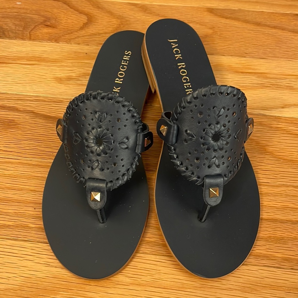 Jack Rogers Georgica Leather Flat Sandals - Midnight Navy Blue- Size 8.5